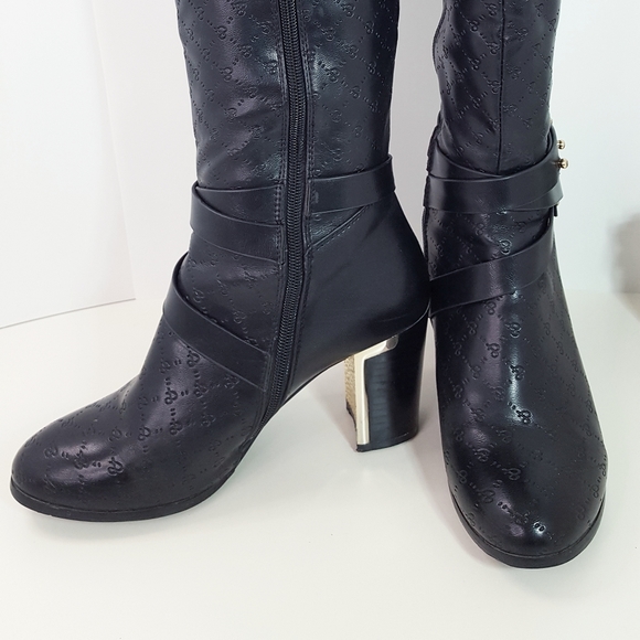 FELLINI🔥Black Knee High| Round Toe|Block Goden Heels - Picture 7 of 15